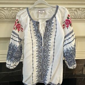Johnny Was White Blouse with Blue and Red Embroidery
